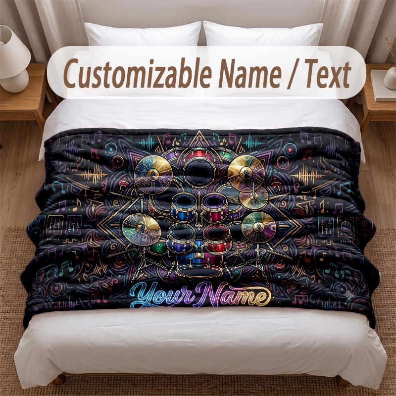 Music Drums Theme Soft Blanket Personalized Custom Name Text Print Warm Blanket Home Sofa Bedroom Decor