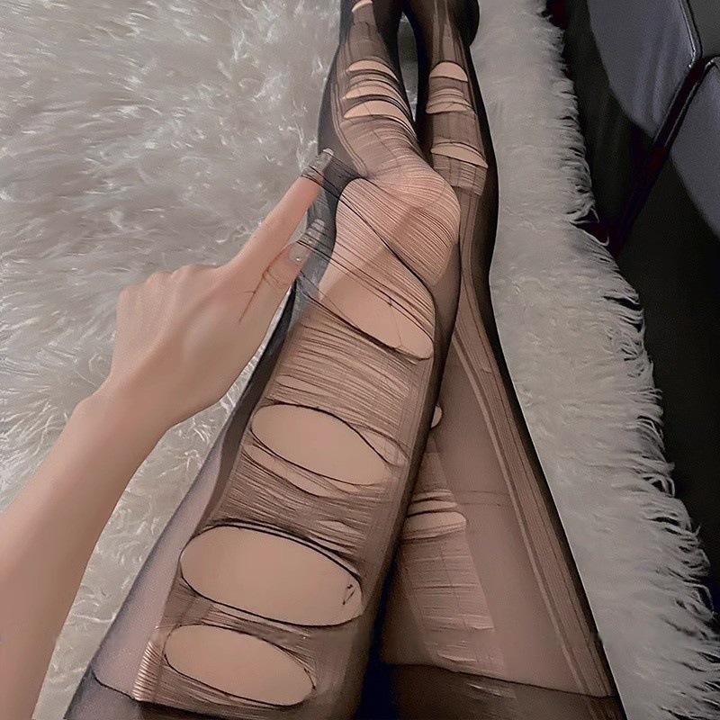 Ultra-Thin Open Crotch Black Lace Pantyhose - Sexy Tearable Bed Stockings for Women