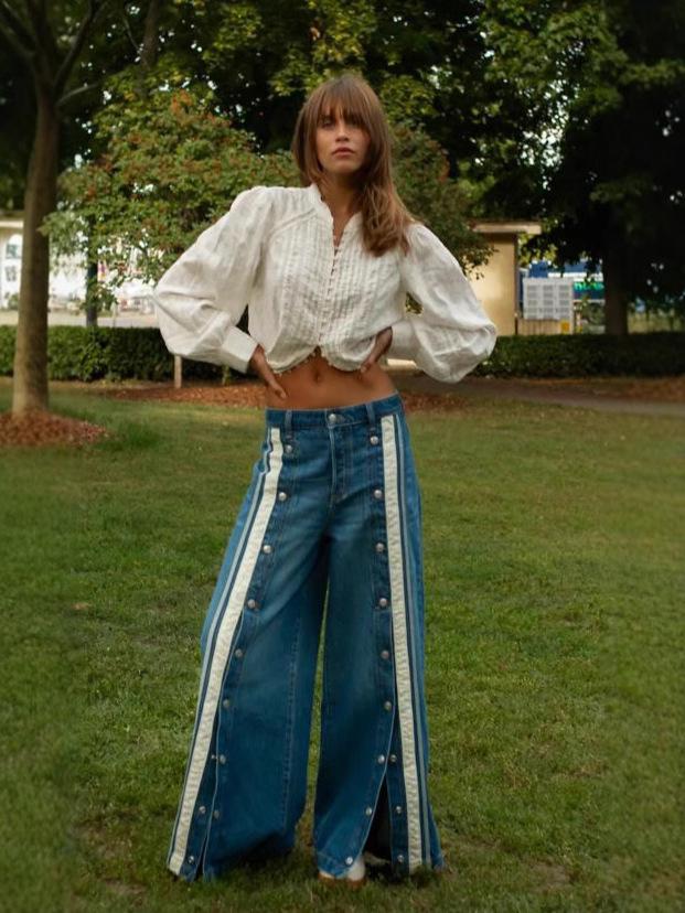 Европейские и американские ретро джинсы с широкими штанинами, разрезами и цветовыми блоками L синий