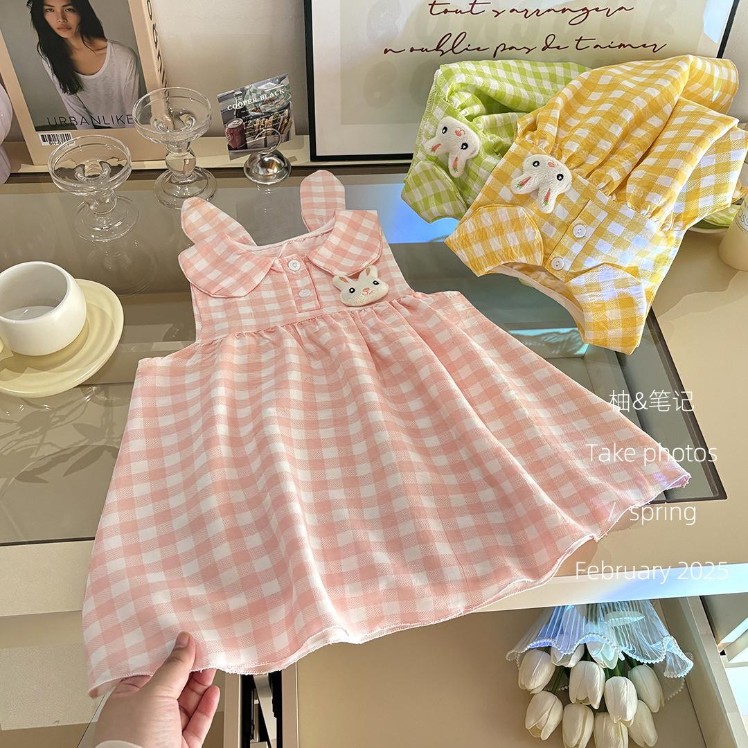 Cute Girls Summer Plaid Dress with Peter Pan Collar and Bunny Ear Details Sleeveless Princess Vest Dress for Kids 90cm