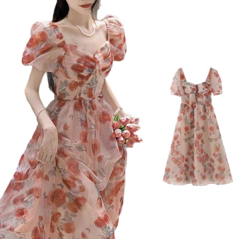 Elegant Floral Square Neck Fairy Dress with Waist-Cinching Design for Women - Perfect Summer Tea Break Outfit