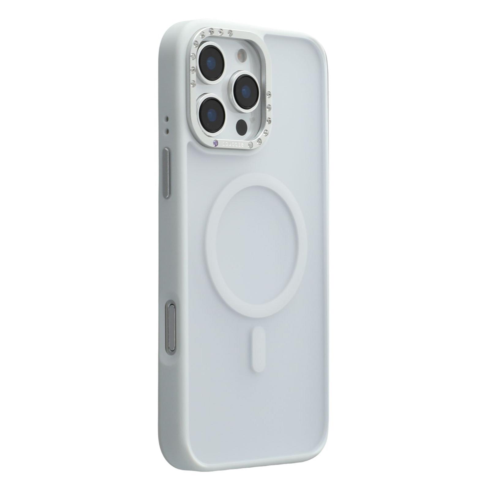 

JAUCASE For iPhone 16 Pro Max Magnetic Case Rhinestone Decor Lens Frame TPU+PC Phone Back Cover White