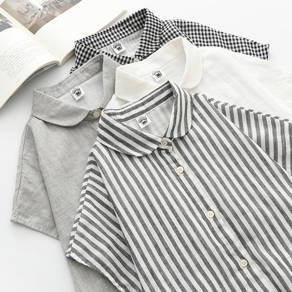 Short Sleeve Plain Gauze L Striped [BdeSYT] Women's Shirt, Top, T-Shirt, 100% Cotton, Blouse, Simple, Breathable, Thin, Soft, Comfortable, Casual,