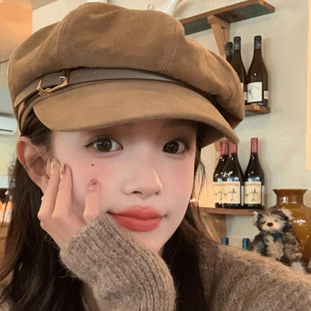 British Style Pu Leather Beret Belt Buckle Painter Hat Fashion Suede Octagonal Hat  Streetwear