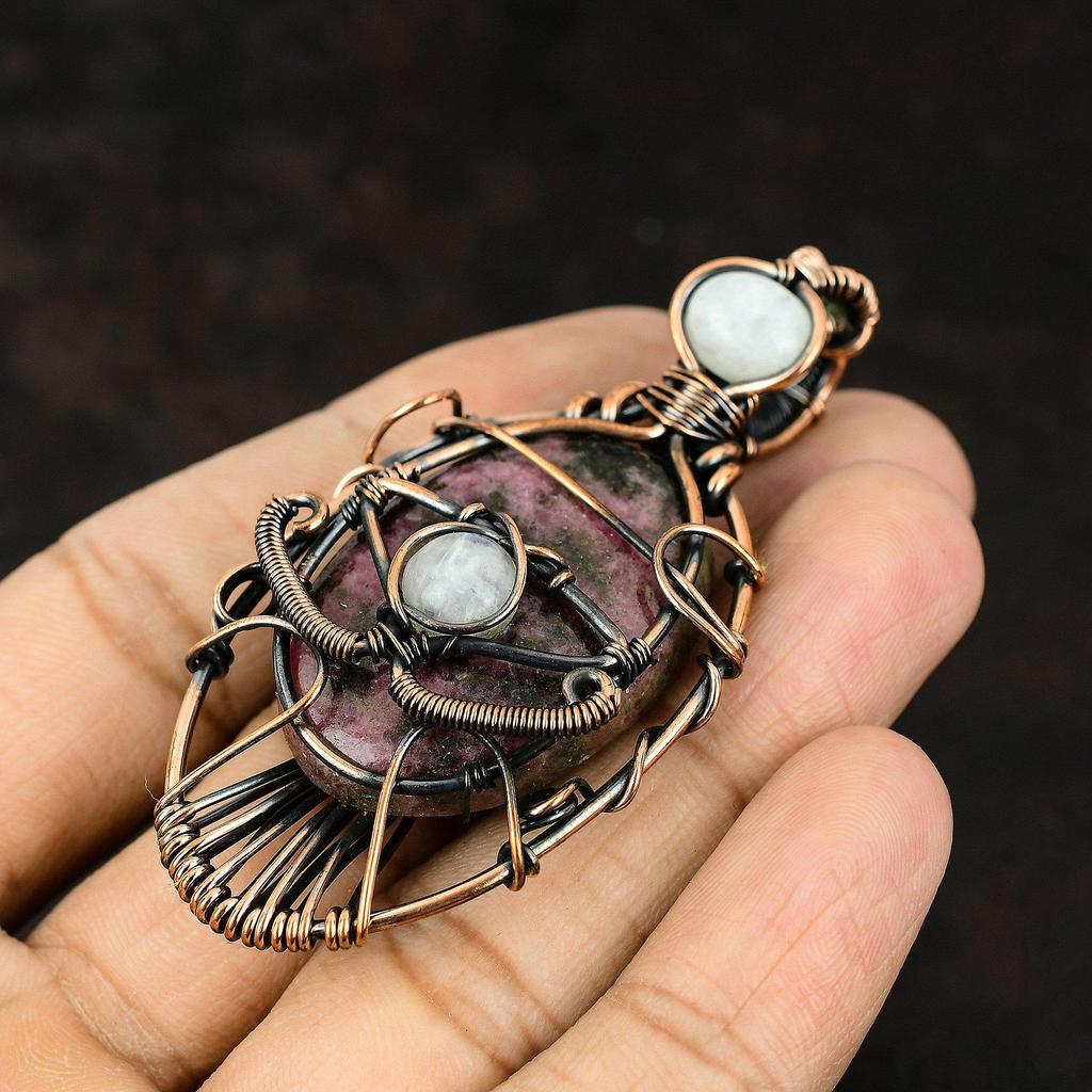 Evil Eye Rhodonite Copper Wire Wrapped Pendant Moonstone Copper Jewelry Handmade Pendant Evil Eye Jewelry Rhodonite Pendant Gift For Friend