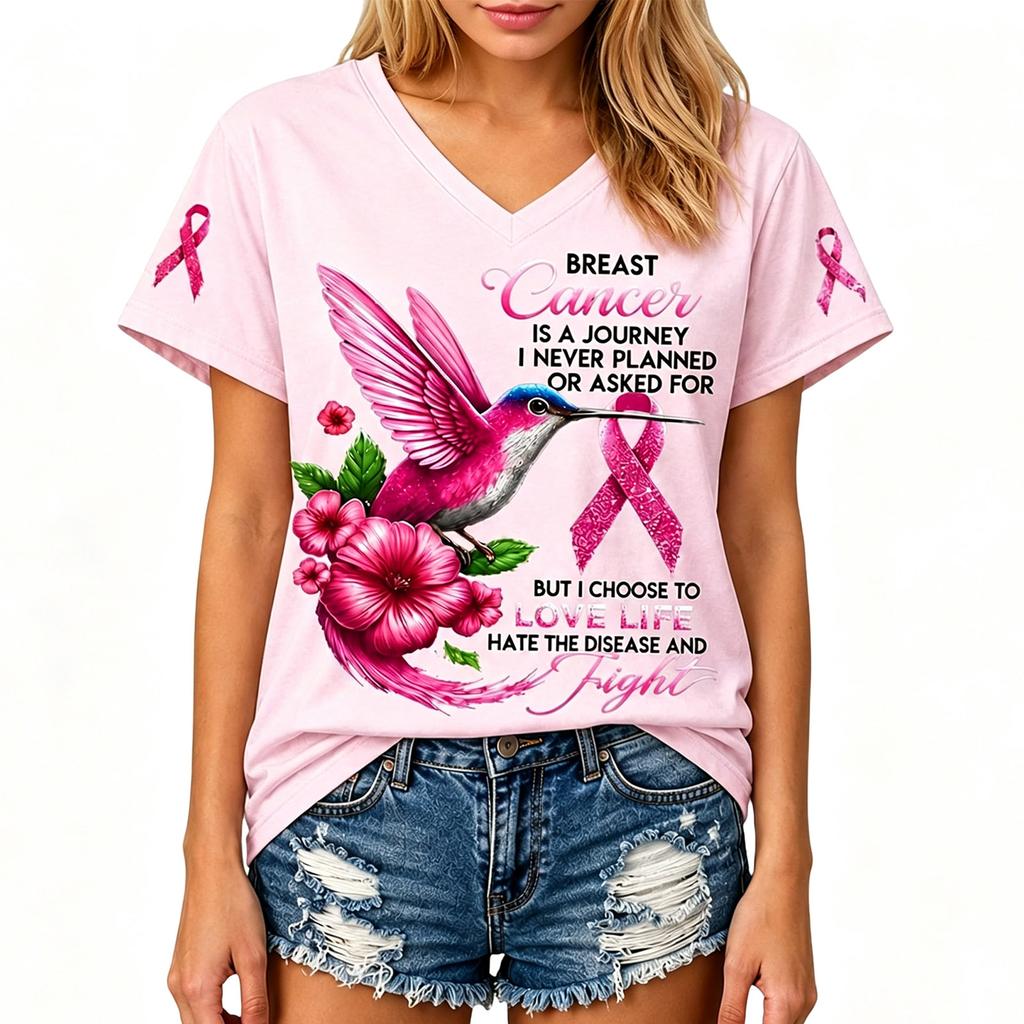 Women's Fashion Casual Short Sleeve V-Neck Top with Breast Awareness Print