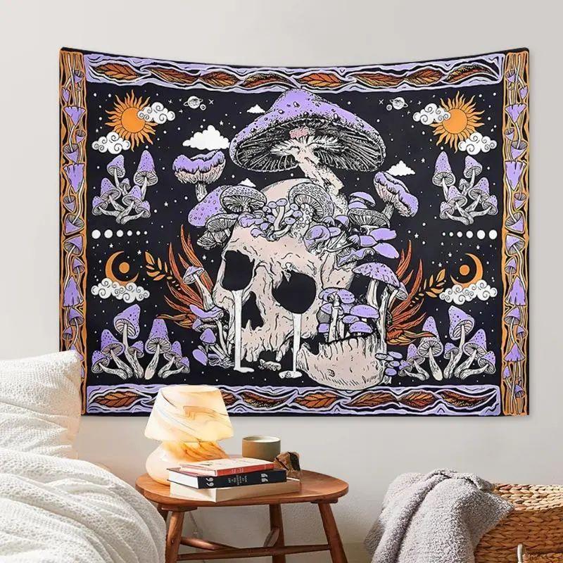 Purple Mushroom Skull Tapestry Sun Moon Star Celestial Print Wall Hanging Polyester Cloth Bedroom Gothic Witchy Decor