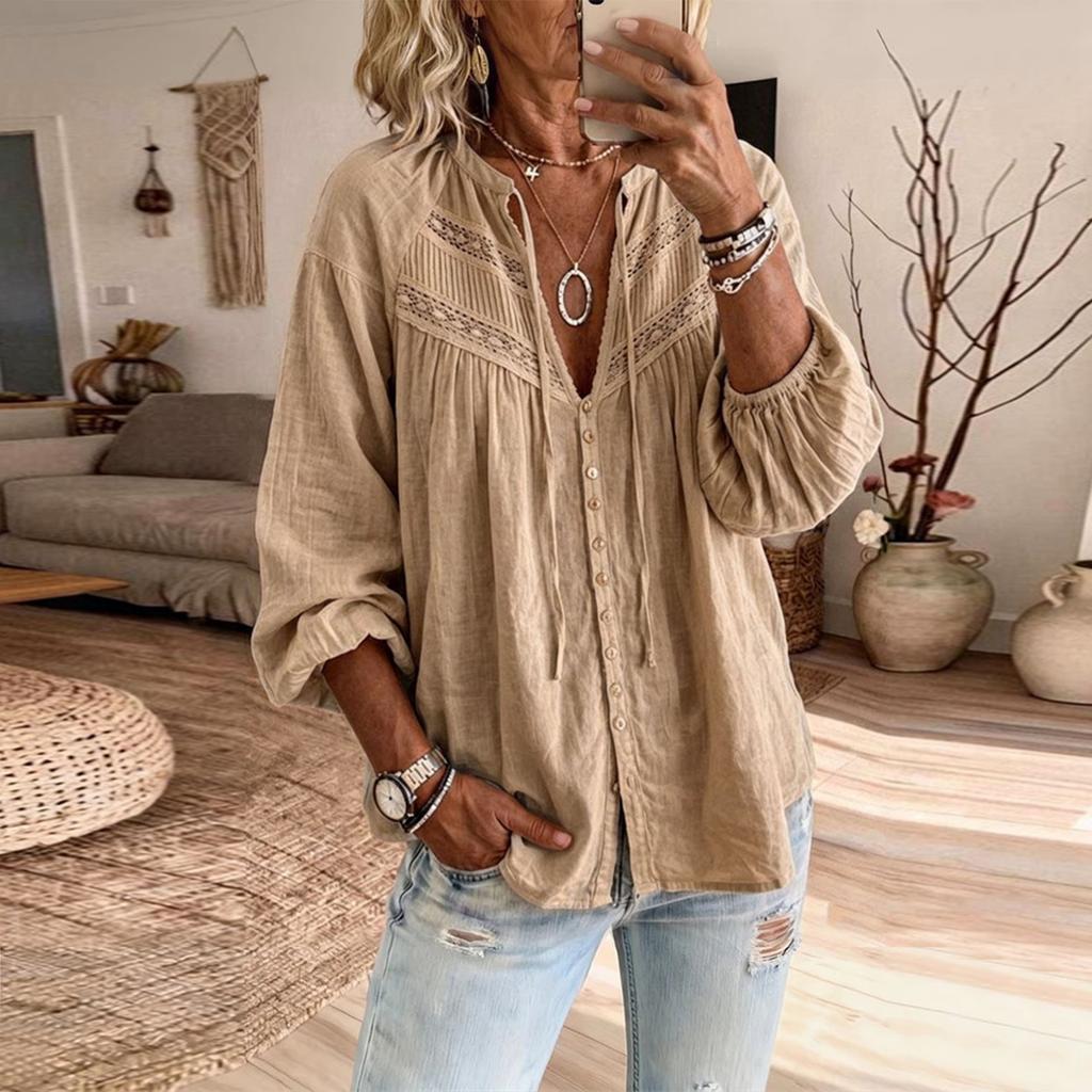 Women's Bohemian Lace Trim Cotton Linen Long Sleeve Blouse with Sleeves for Vacation Beach
