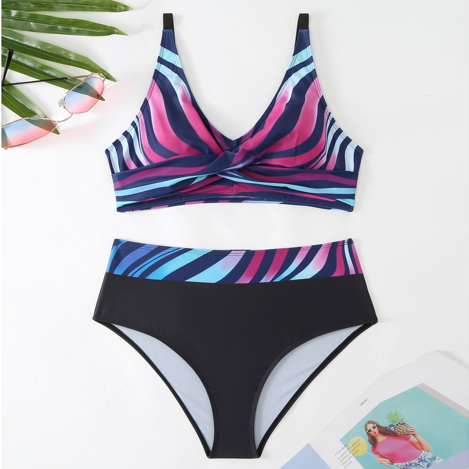 

Женский раздельный модный сексуальный купальник-бикини с принтом и подкладкой для груди без стальных скобок XL тёмно-синий