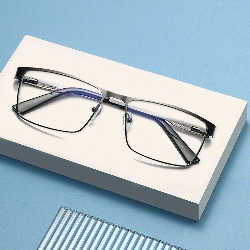 Men Square Metal Large Frame Reading Presbyopia Glasses Business Eyewear Diopters +1.25  To +6.0