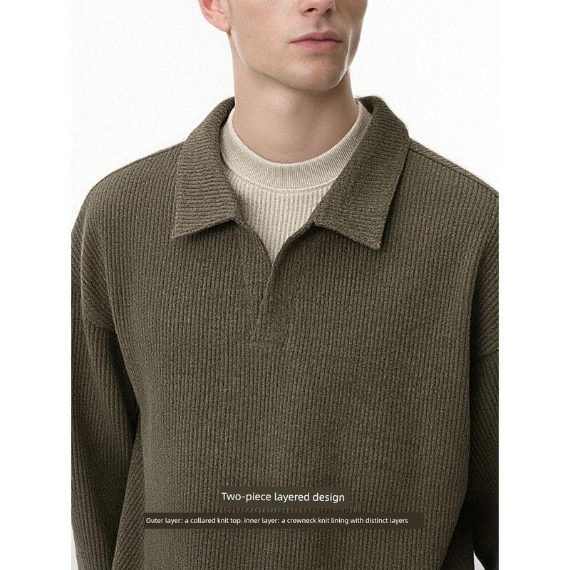 American Retro Old Money Style Two-Piece Spliced Long-Sleeve T-Shirt for Men and Women, 2025 Autumn Trendy Brand Collared Knit Top