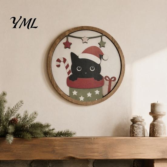 Decorative Wooden Plaques Christmas Black Cat Wall Decor, Layered Hanging Sign, Round 2D Holiday Gift Ideas Flat Art Decoration for Living Room