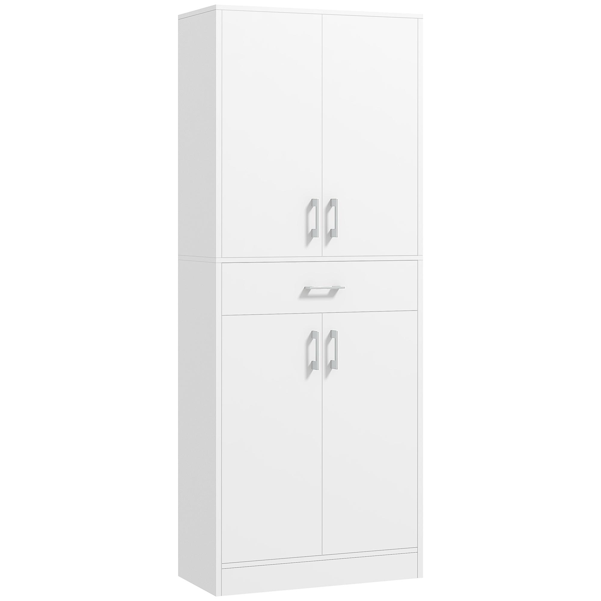 Buffet Haut Meuble de Cuisine 4 Portes 2 Placards Et 1 Tiroir Central Hauteur 180 Cm Avec 2 Étagères Réglables Blanc