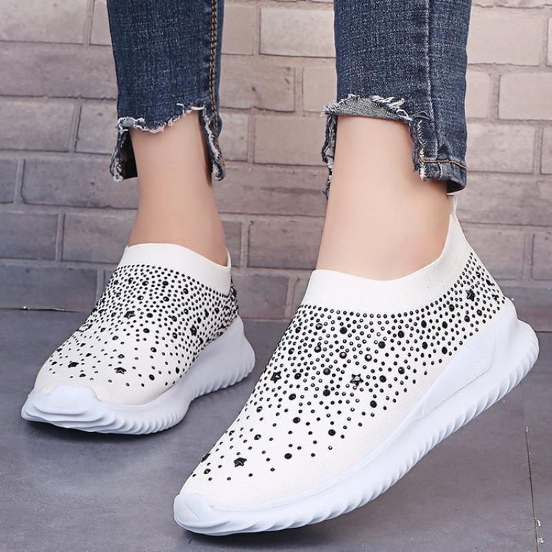 Large size rhinestone fly-woven women's autumn flat-bottomed casual shoes