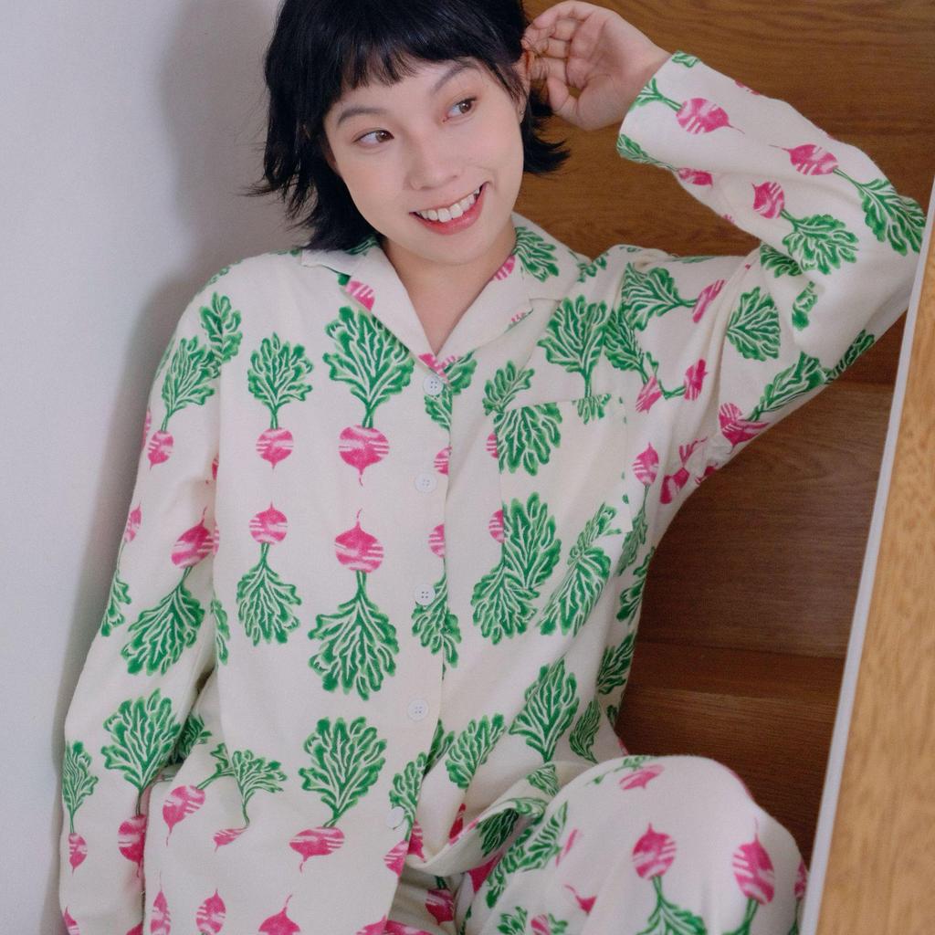 Women's Brushed Cotton French Pajamas - Comfy, Loose-Fit Long Sleeve Set for Spring & Autumn