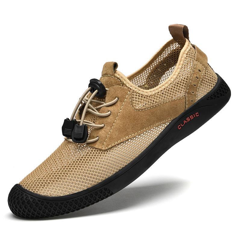 Men's Shoes Breathable Hollow Mesh Shoes Men's Lightweight Soft-soled Sports Shoes Casual Mesh Trendy Shoes Sand Color