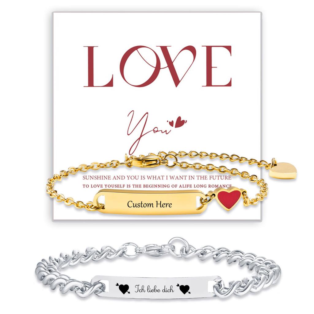 Vnox Custom Love Heart Charm Bracelets for Men Women, Promise Couple Bracelets Gift, Enamel Red Heart Wristband Jewelry Gift