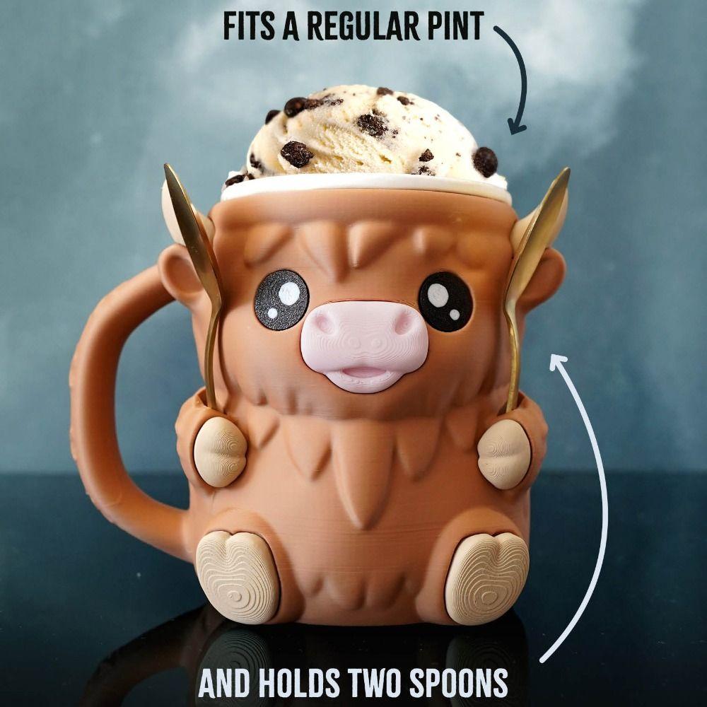 Highland Cow Ice Cream Pint Rack 3D Printing Leak Proof Ice Cream Pint Holder Antifreeze Handle Insulated