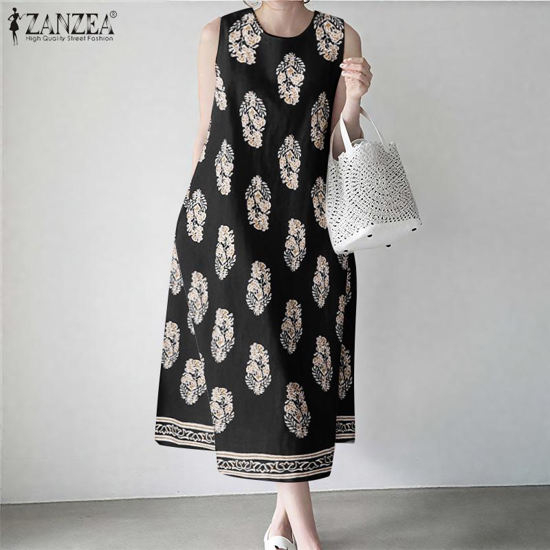 

ZANZEA Women Casual Round Neck Sleeveless Summer Print Tank Dress S чорний