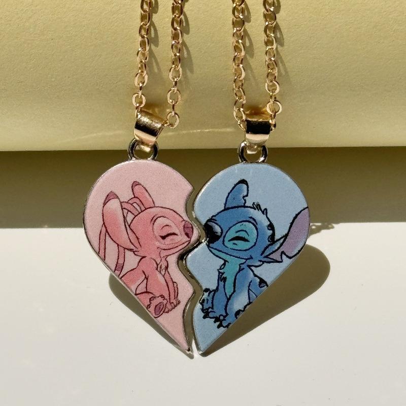 Disney-Stitch Heart Necklace for Couple, Gold and Silver Color, Angel and Stitch, Cute Style , Jewelry Pendant, Gift for Girl, 1