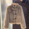 Women's Stand Collar Long Sleeve Faux Fur Coat with Belt Buckle Detail Winter Warm Jacket