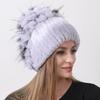 Women's Winter Rabbit Fur Hat 100% Rex Fur Beanie with Floral Patchwork, Warm Knitted Fluffy Trapper Cap