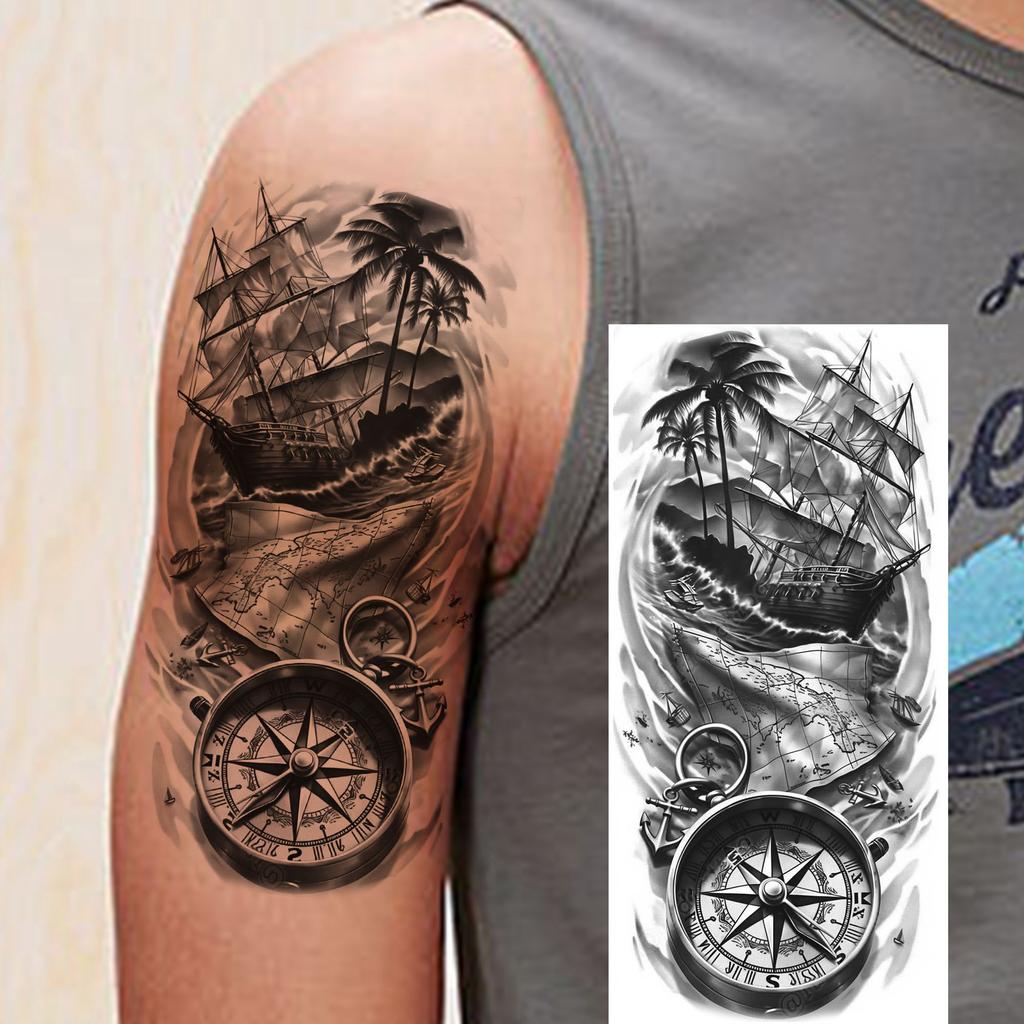 1 Foglio Impermeabile Nave Pirata Vela Tatuaggi Temporanei Per Uomo Donna Bussola Realistica Orologio Tatuaggio Finto Adesivo Lunga Durata