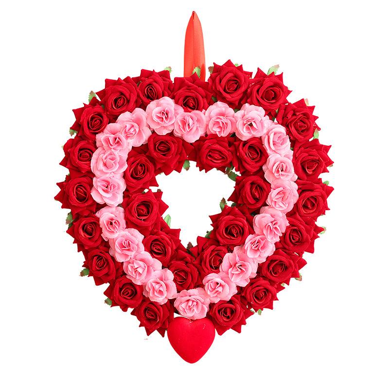 Valentine's Day Red & Pink Floral Double-Layer Heart Garland - Window & Door Decoration