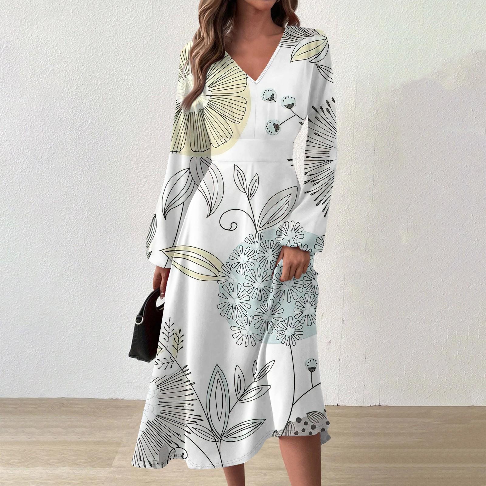 

Женское осеннее и зимнее повседневное модное длинное платье с v-образным вырезом и длинным рукавом с цветочным принтом S