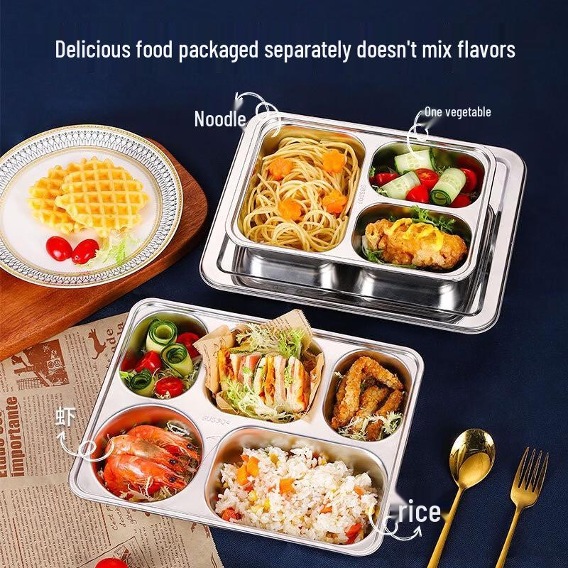 304 Stainless Steel Four-Compartment Canteen Tray - 10 Pack
