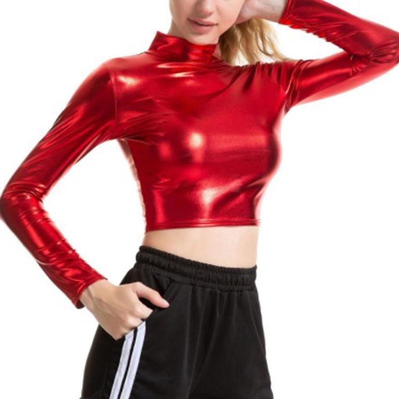Party Patent Leather Women's Crop Tops Cosplay 1Pc Shiny Lady Solid Half Turtleneck Tops