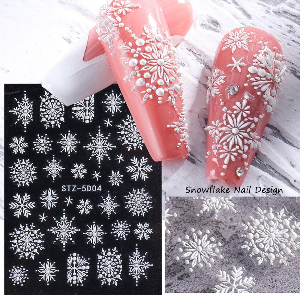 Art Decorations Charms Flower White New Year Design Snowflakes Nail Sticker Christmas 5D Embossed