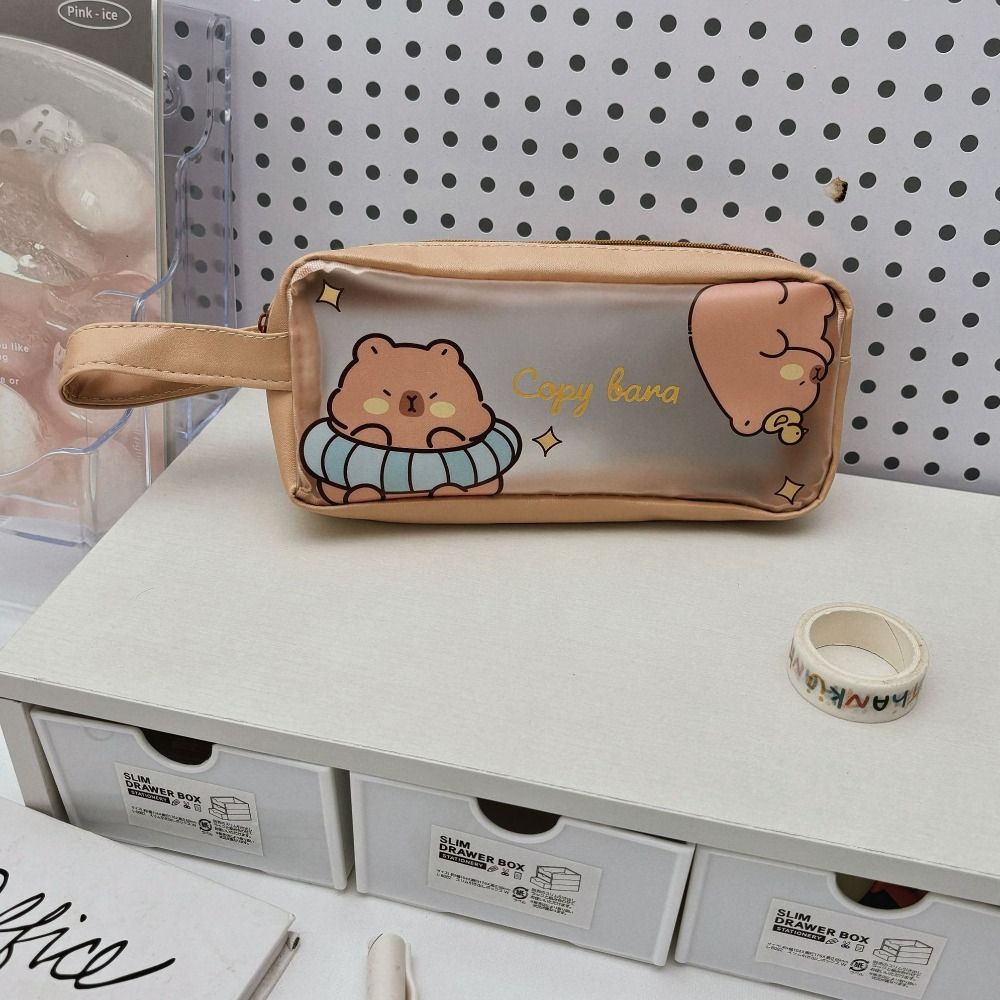 Capybara Pencil Case with Handle Matte Transparent Stationery Storage Pouch Large Capacity Pen Bag Office School Supplies