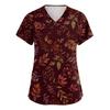 Women's V-Neck Short Sleeve Scrub Top with Pockets Maple Leaf Print Side Slit Caregiver Uniform