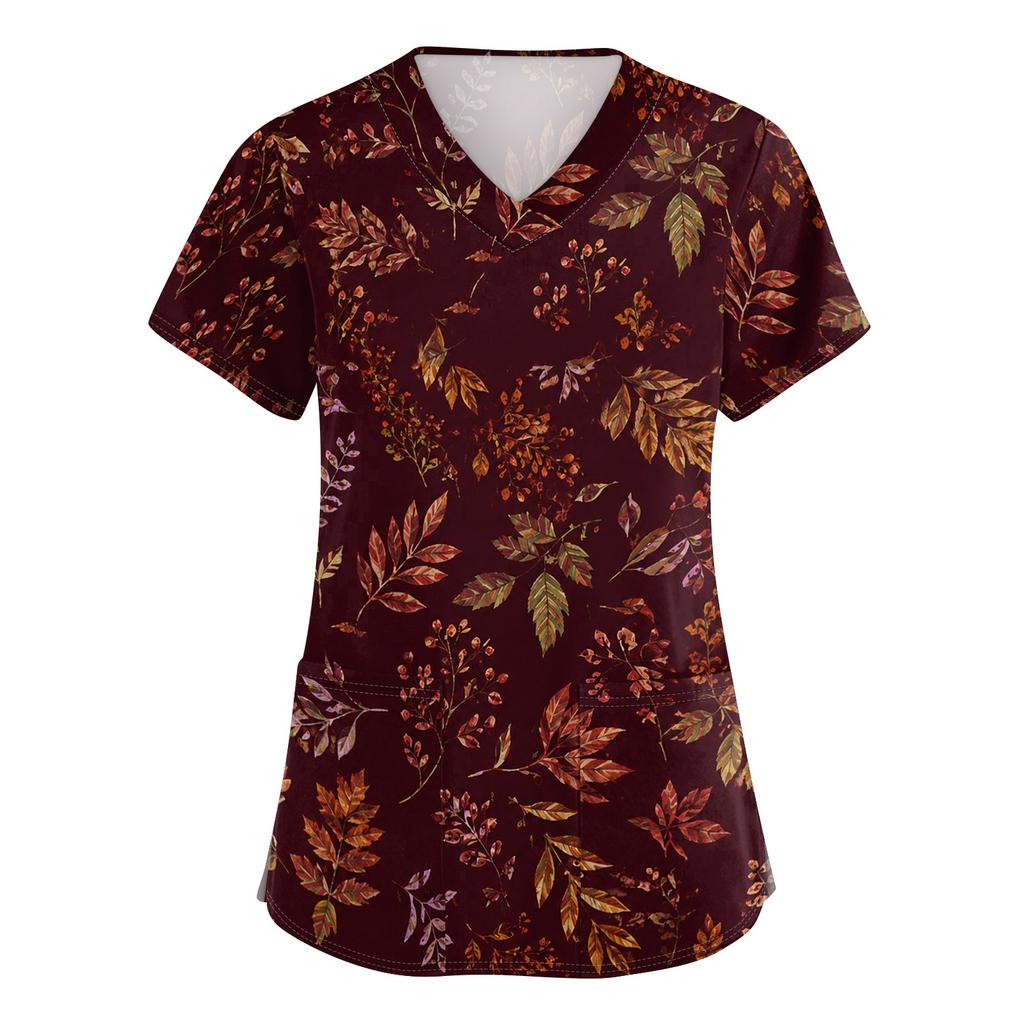 Women's V-Neck Short Sleeve Scrub Top with Pockets Maple Leaf Print Side Slit Caregiver Uniform