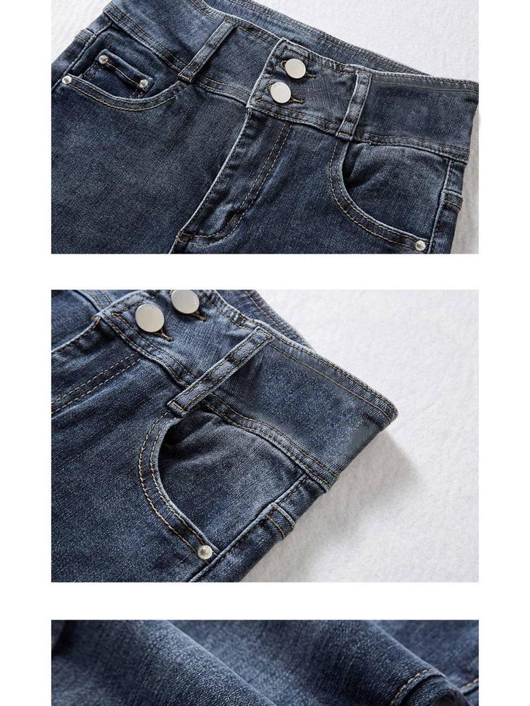 Blue-Gray High-Waisted Skinny Bootcut Jeans for Women: Fleece-Lined, Thickened, Slimming, Tapered Leg – 2022 Autumn/Winter Collection.