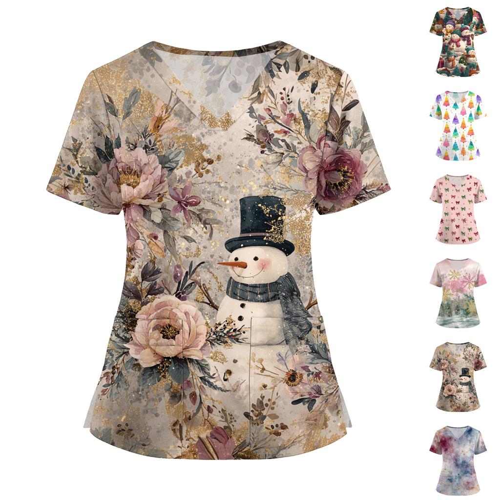 Women's Fashion V-Neck Short Sleeve Overalls With Pockets Print Tops Clothes