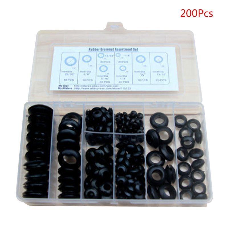 200Pcs/box Soft Rubber Grommet Gasket for Wire Cable Black Assortment Set Electrical Wire Gasket Tools Durable чёрный