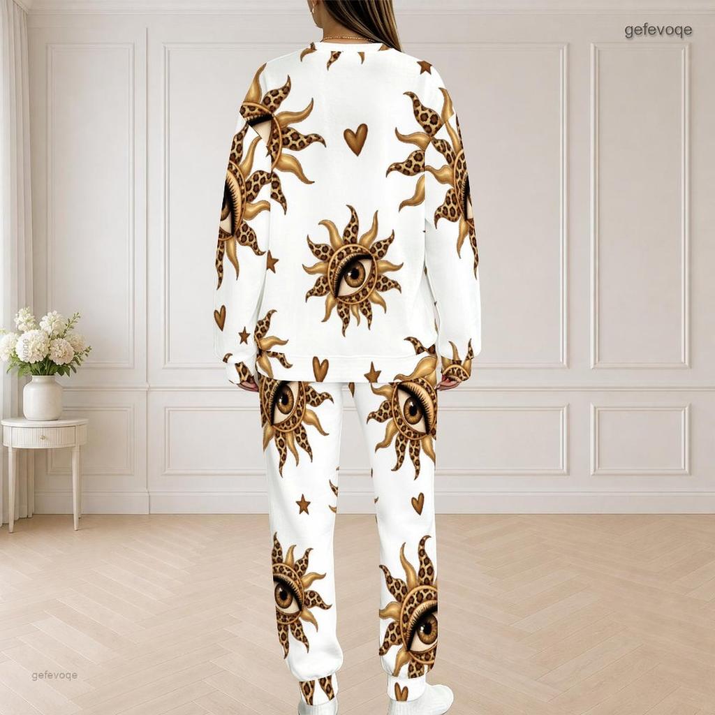 Women Plus Size White Halloween Printed Round Neck Long Sleeve Two Piece Set With Side Pockets