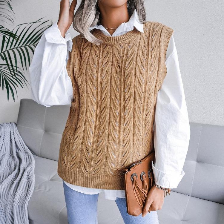 Women Crew Neck Sleeveless Knit Sweater Solid Color Tank Top Cutout Leaf Design Fall Winter Sizes S-L