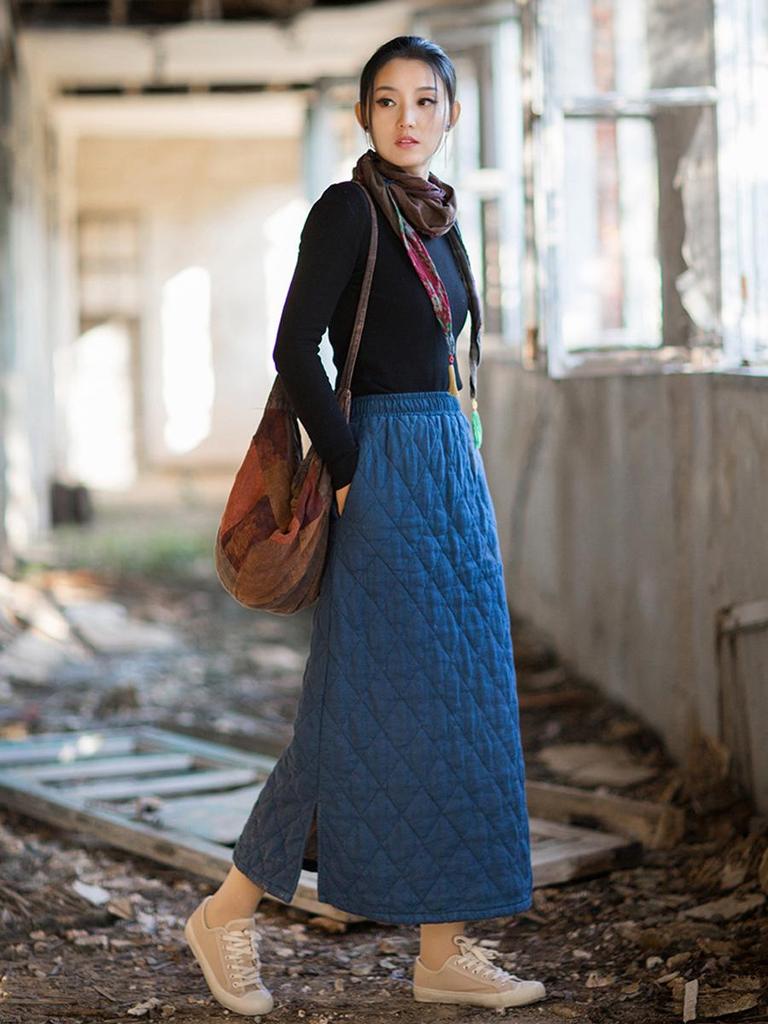 Women's Retro Mid-Length A-Line Skirt: Winter Quilted Diamond Plaid, Ramie Cotton, Loose Chinese Style