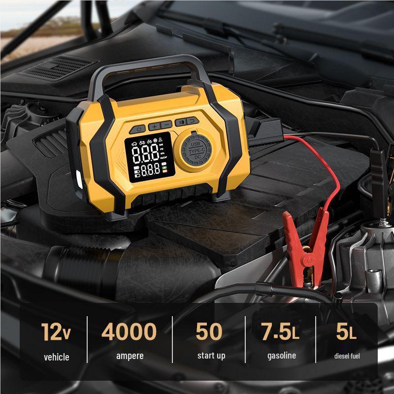 Car Emergency Jump Starter & Pump: All-in-One Ignition, Inflation, and Dust Blower.