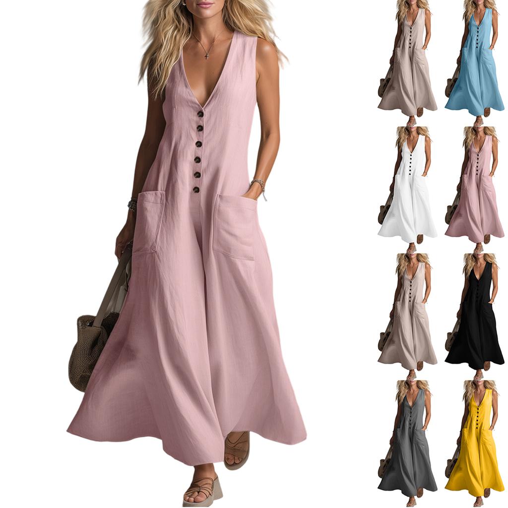 Sleeveless Button Front Casual Maxi Dress for Women Loose Fit Summer Dress with Pockets Womens Dresses Sundresses for Women Vacation Dress