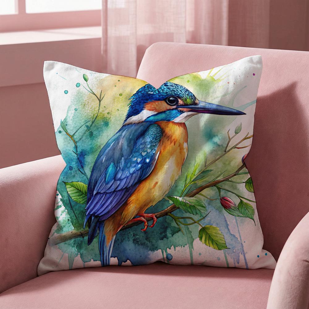 Kingfisher Watercolor Painting Cushion Cover Multi-Scene Pillow Cover for Home & Car - Reversible, Soft & Durable for Daily Use