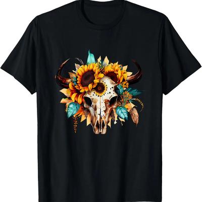 Boho Cow Skull Sunflower Vintage Western Aztec Cute Cowskull T-Shirt