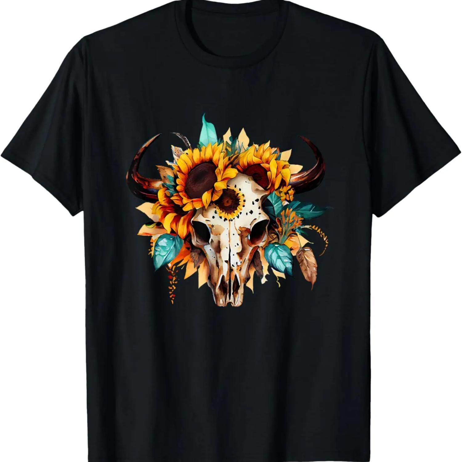 Boho Cow Skull Sunflower Vintage Western Aztec Cute Cowskull T-Shirt S