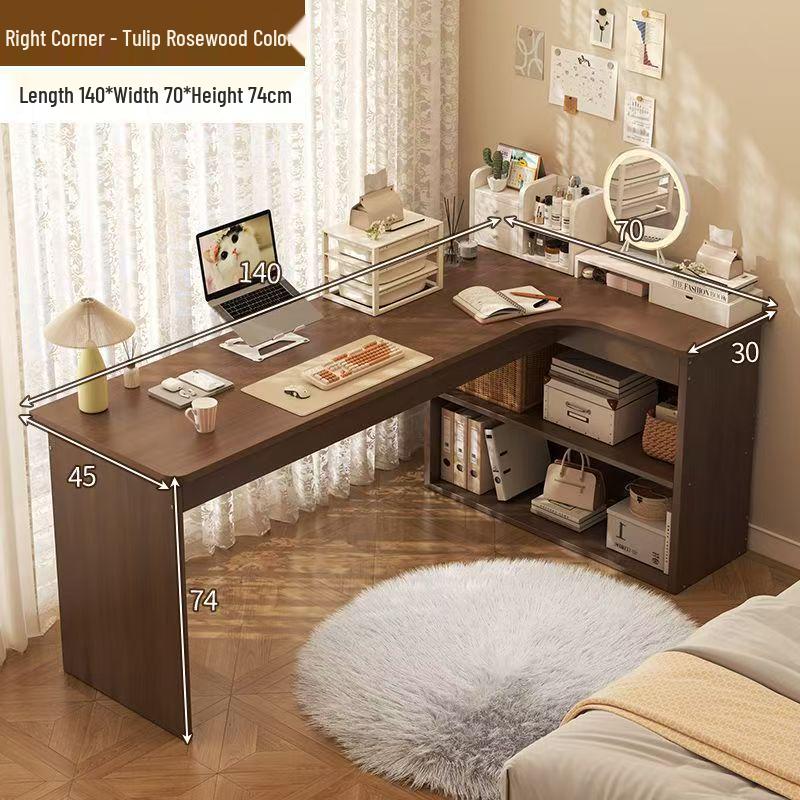Compact Corner Computer Desk with Integrated Bookshelf & Vanity for Bedroom or Home Office