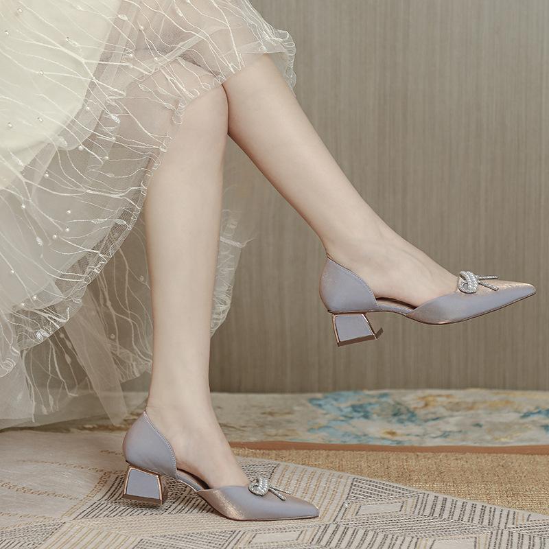 Baotou sandals women's new pointed high heels medium heel thick heel fashion hollow single shoes