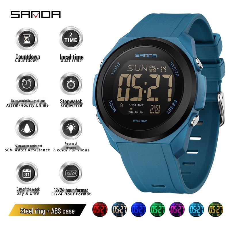 Sanda Unisex Student Party Watch: Colorful Lights, Multi-functional, Waterproof Sports Electronic Watch