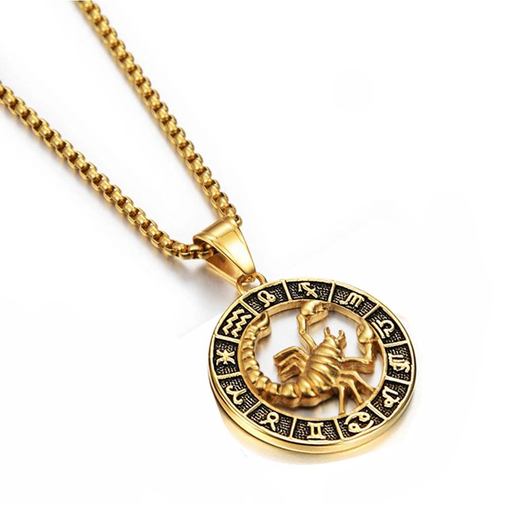 Gold Stainless Steel Zodiac Necklace Leo Scorpio Pendant for Women Men 12 Constellation Round Charm Jewelry Gift